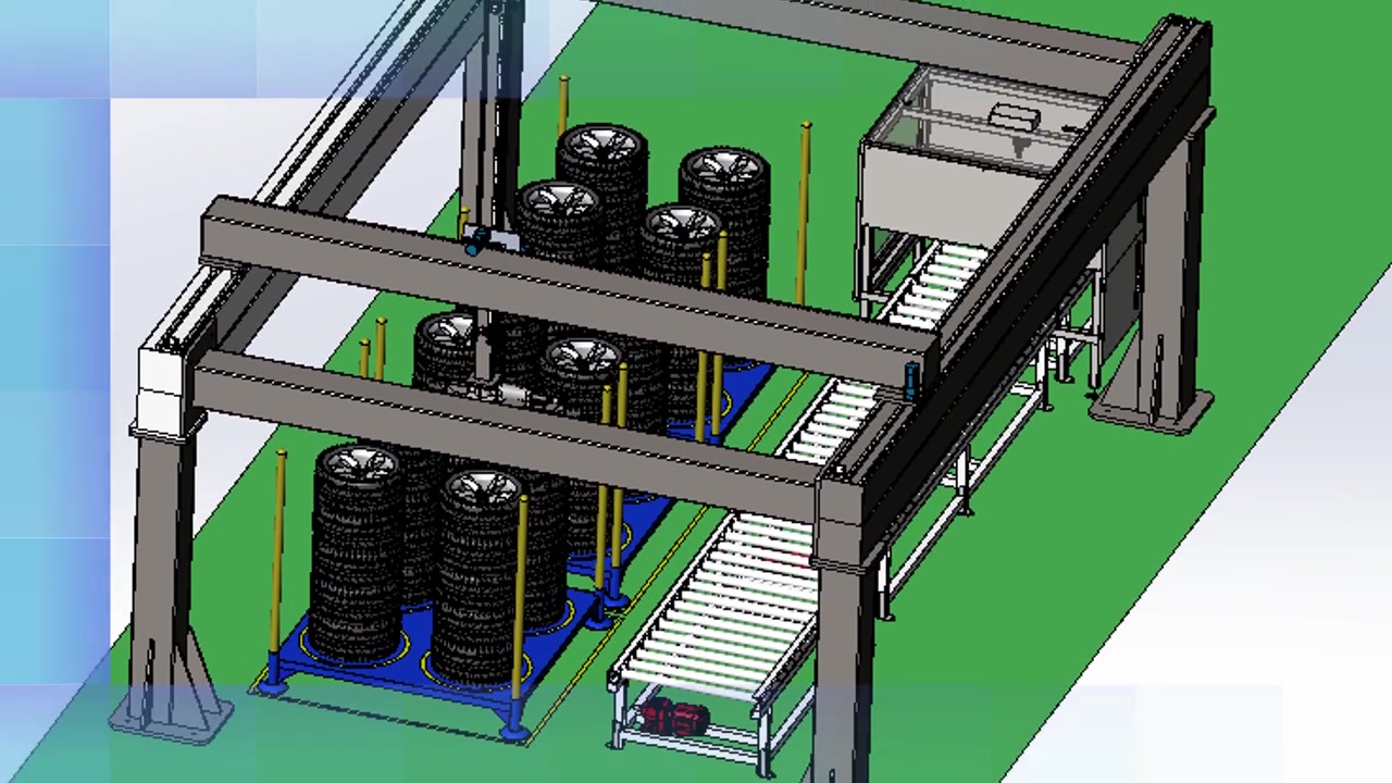 CAD illustration of a custom tyre-handling gantry